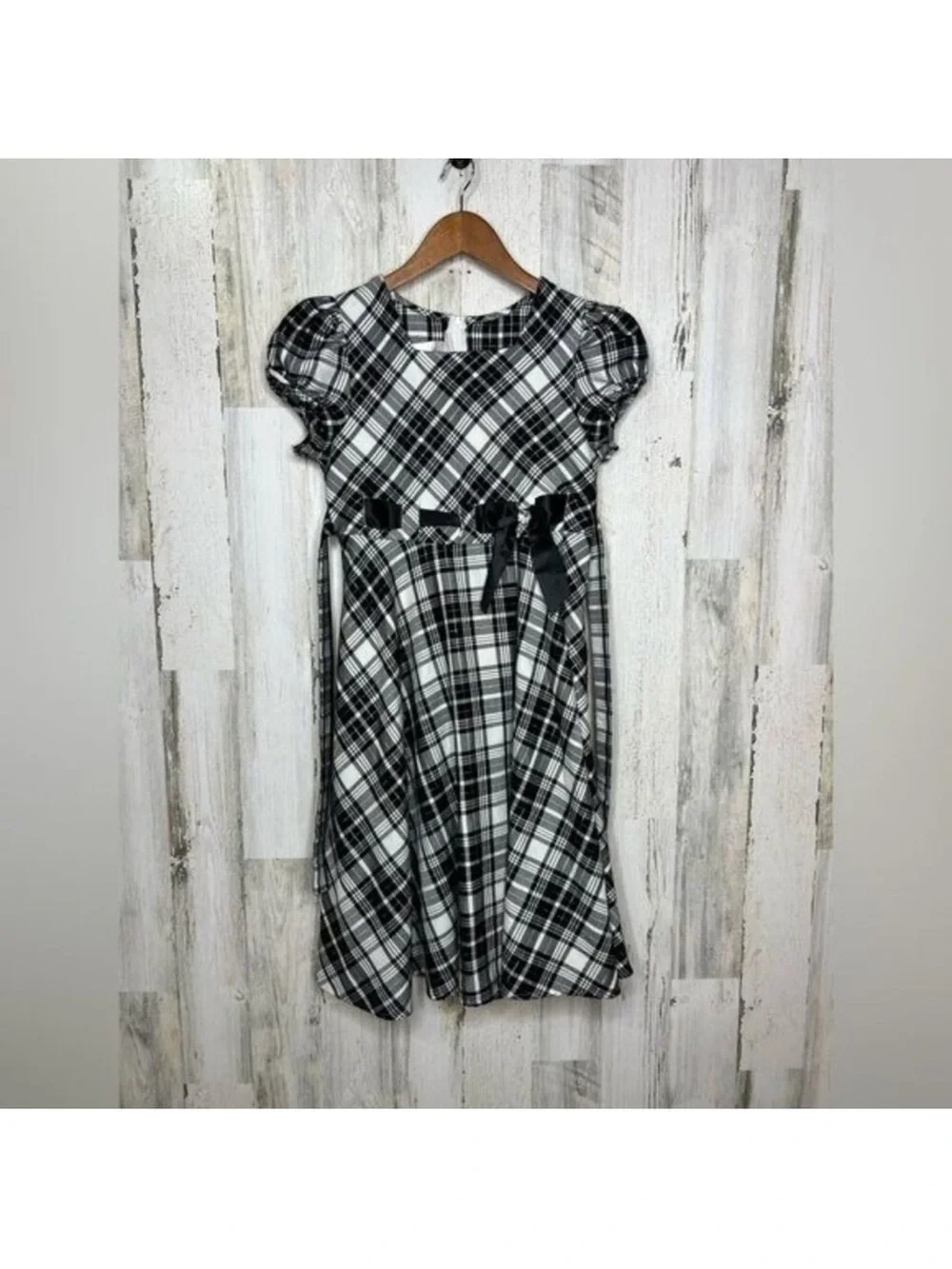 Ashley Ann Black White Plaid Dress Puff Sleeve Bow Rhinestone Fit Flare